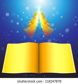Template Christmas greetings on New Year's blue background with snow-covered Christmas tree festive gold