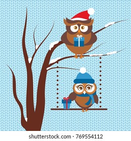 Template of Christmas Holiday Greeting card with couple of cute owls in winter hats holding present boxes. Birds sitting on the tree branch. Vector illustration for Christmas and New year design