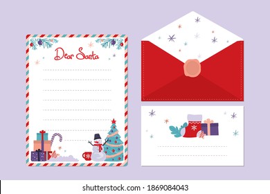 Template of christmas letter and envelope. Message with wishlist to Santa Claus. Greeting card with lettering Dear Santa. Set of xmas card and letter. Space for text. Trendy flat vector illustration
