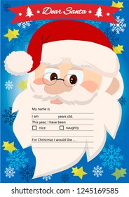 Template of Christmas letter to Santa Claus. Layout in A4 size. Vector illustration.