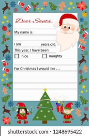 Template of Christmas letter to Santa Claus. Layout in A4 size. Vector illustration.