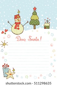 Template for Christmas letter to Santa Claus. Use for greeting cards, congratulations and children invitations. Vector illustration.