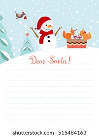 Template for Christmas letter to Santa Claus. Use for greeting cards, congratulations and children invitations. Vector illustration.