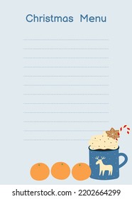 Template of Christmas menu with cup of hot chocolate and oranges. Mug of cocoa with whipped cream. Vector illustration