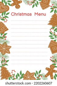 Template of Christmas menu with gingerbread cookies frame. Winter homemade sweets, twigs and berries. Vector illustration