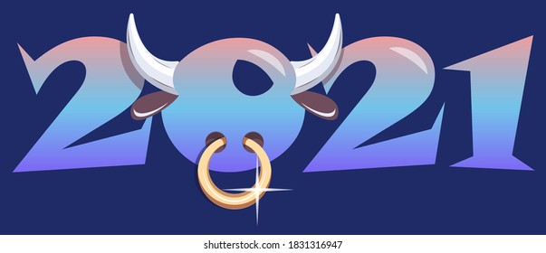 Template for Christmas and New Year 2021 flyers, greeting cards, brochures, print, logo. Vector Illustration with gradients. Bull horns and nose ring inside zero number.