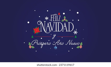 Template for Christmas and New Year background with decorations, Christmas tree, candy cane and snow. Christmas and New Year card in Spanish. 