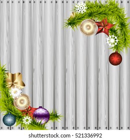 template for christmas and new year card with decorative elements and wooden background