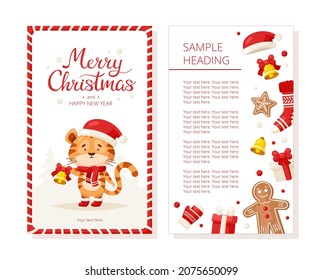 Template of Christmas and New Year greeting card or flyer with cute tiger and traditional Xmas elements in cartoon style. 