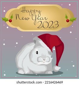 Template of Christmas New Year greeting card. Vector illustration of gold copy-space with text Happy New Year 2023, Bunnн rabbit in red Santa hat surrounded by snowflakes isolated on purple blue.