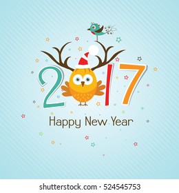 Template Christmas and New year greeting card with a rooster and reindeer antlers, vector illustration