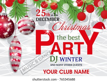 Template Christmas party invitation background with fir branches and holly berry and red baubles, Santa hat. Vector illustration.