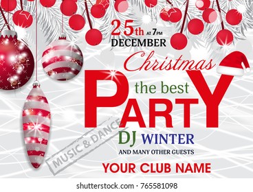 Template Christmas party invitation background with fir white branches and holly berry and red baubles, Santa hat. Vector illustration.