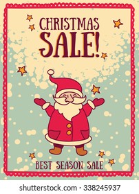 template for christmas sale poster with Santa Claus and stars, vector illustration