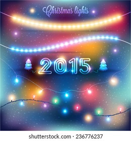 Template Christmas tree garlands, lights burning, neon lights for Christmas and decorate your design. All seamless lights and go to any dark background