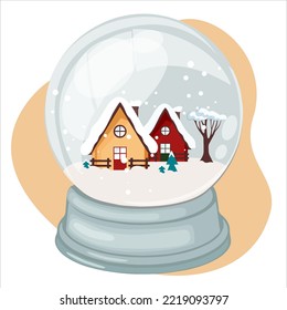 Vorlage von Weihnachtsvektor-Grußkarte eines Glas Schnee-Globus mit einer Winterlandschaft und ein Haus drinnen.