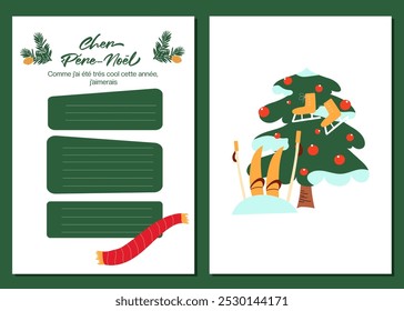 Template for Christmas wish list in french language. Hand drawn vector design.