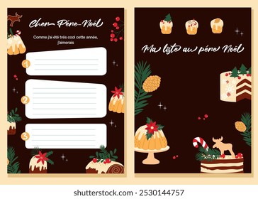 Template for Christmas wish list in french language. Hand drawn vector design on chocolate background with traditional cakes.