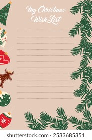 Template for Christmas wish list. Hand drawn vector design on beige background.