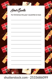 Template for Christmas wish list. Hand drawn vector design with gift boxes on background.