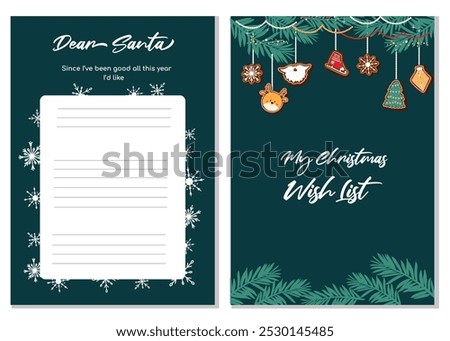 Template for Christmas wish list. Hand drawn vector design on dark blue background.