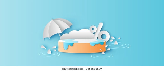 Template circle box design for rainy season sale decorated with clouds, rain drops, umbrella, percent and blank space.