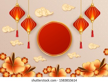 Template with circle and Chinese lanterns and clouds and flowers realistic style, vector illustration. Paper art background design with celebration lanterns and oriental decorations and copy space