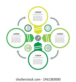 Template for circle diagram with stylized energy-saving lamps. Eco Business presentation concept with four options. Vector infographic of technology process. Part of the report including icons.