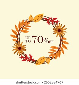 Modelo de círculo bandeira de queda decorado com folhas de árvore caídas. Venda de outono. Quadro de oferta especial.