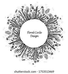 Template with circle frame from wild flowers grass and insects in black on white for banner or card or for decoration different things