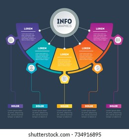 Template of a circle info chart, diagram or presentation on dark background. Business presentation or infographics concept with 5 options. Infographic of technology or education process with 5 steps.