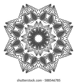 Template of circular curls in oriental style with Indian Islamic Turkish pattern. Black mandala isolated on white background.