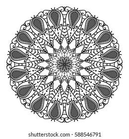 Template of circular curls in oriental style with Indian Islamic Turkish pattern. Black mandala isolated on white background.