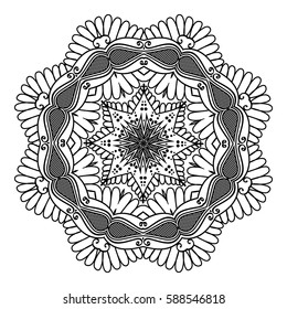 Template of circular curls in oriental style with Indian Islamic Turkish pattern. Black mandala isolated on white background.