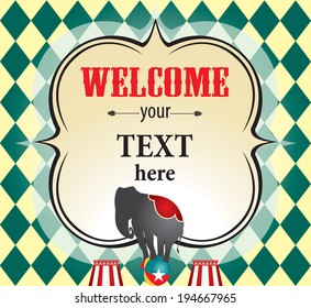 Template of circus show poster on the checkered background and with elephant.