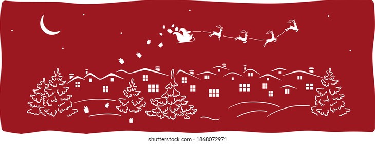Template with city and santa for laser cut. Doodle illustration of little town at night with santa in the sky.