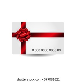 Template of classic discount or gift card with realistic glossy red bow and ribbons isolated on white background.