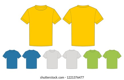 Template clean men t-shirt for design. Mix the colors yellow, blue, white, green. Vector illustration, front and back view.