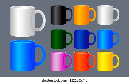 Template clean mug for design. Mix colorblack, orange, white, gray, green, red, blue, pink, yellow. Vector illustration.