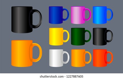 Template clean mug for design. Mix color black, orange, blue, pink, yellow, white, gray, green, red. Vector illustration.