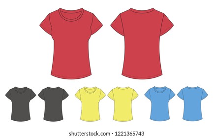 Template clean womens t-shirt for design. Mix the colors red, black, gray, yellow, blue. Vector illustration, front and back view.