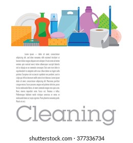 Template cleaning. Square banner with items for cleaning. Flat background light.