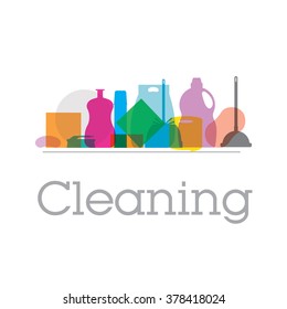 Template cleaning. Square banner with items for cleaning. Flat background light.