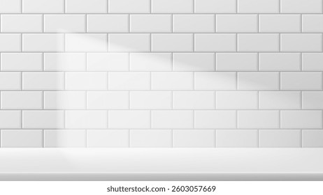 Template of clear white tile wall with blank surface. White ceramic wall tiles texture background with white desk. Vector illustration with tile wall in bathroom, kitchen with light of window.