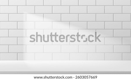 Template of clear white tile wall with blank surface. White ceramic wall tiles texture background with white desk. Vector illustration with tile wall in bathroom, kitchen with light of window.