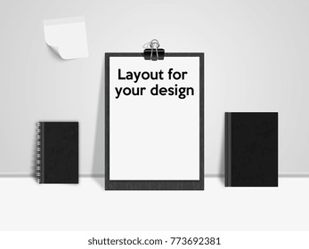 Template clipboard, book and notepad on the white wall. Vector illustration.