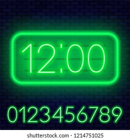 Template clock on a dark background. Bright neon numbers.