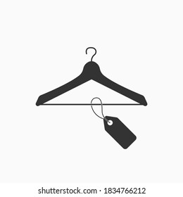 Template clothes hanger with blank paper label. Hanger icon with tag flat icon. Sale label for store or marketplace. Vector