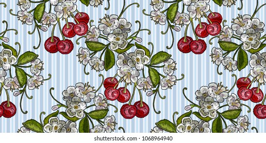 Template for clothes, textiles, t-shirt design vector. Embroidery cherry blossom tree and cherry fruit berry seamless pattern