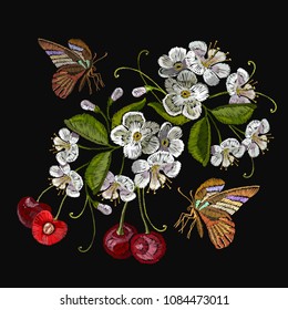 Template for clothes, textiles, t-shirt design. Embroidery cherry blossom tree and cherry fruit berry and butterfly